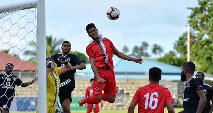 Ba players (left-right) Malakai Tiwa, Saula Waqa and Samuela Drudru on attack against Lupe o le Soaga club from Samoa at the Stade Pater Te Hono Nui in Pape’ete, Tahiti during the OFC Champions League Group D clash on March 5, 2020. Ba went down 4-3 and bow out of the Champions League. Photo: OFC Media