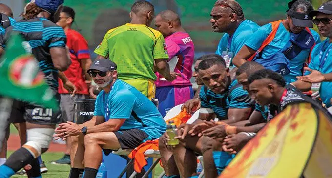Fiji Airways Fijian Men’s 7s head coach Ben Gollings with assistant coach Viliame Satala behind him during the Fiji Bitter Marist 7s at the ANZ Stadium, Suva, on March 25, 2022. Photo: Leon Lord.