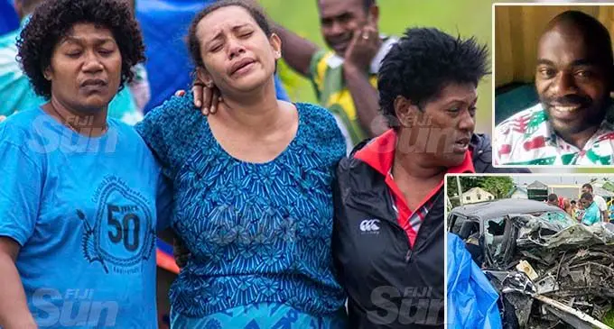 A heavily pregnant Jokapeci Daurua (middle), wife of deceased driver, Lodoviko Degei (inset) is consoled by her family members at the Korovou Police Station on the December 28, 2020. Photo: Leon Lord