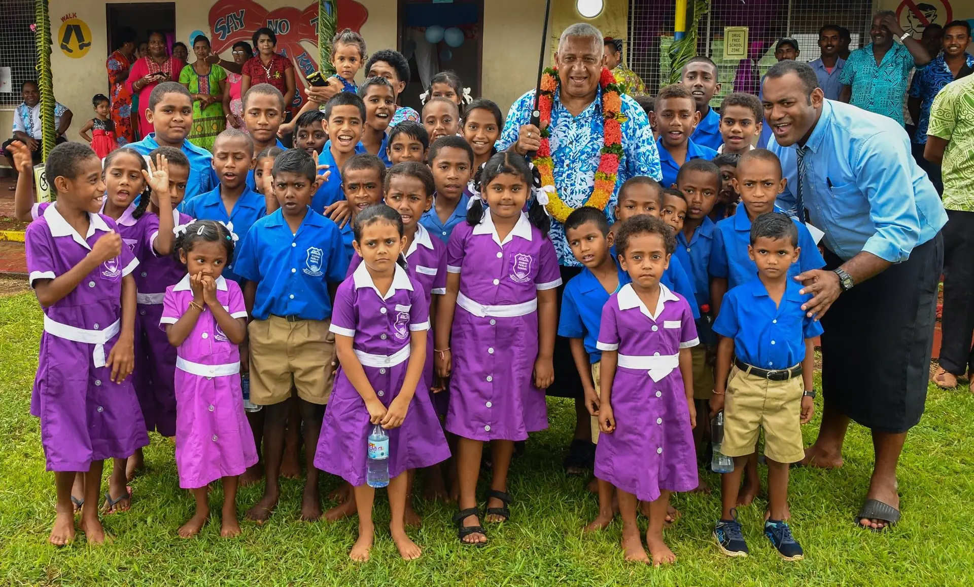Prime Minister Hon. Voreqe Bainimarama  with students of Namau Public School. PHOTO: DEPTFO News