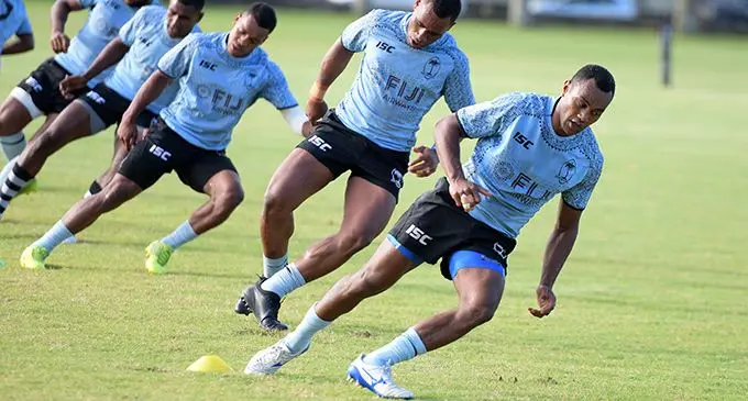 From left: Members of the Fiji Airways Fijian 7s squad Vilimoni Botitu, Aminiasi Tuimaba, Napolioni Ratu, Livai Ikanikoda, Alasio Naduva training at Albert Park, Suva, on May 8, 2019.  Photo: Ronald Kumar