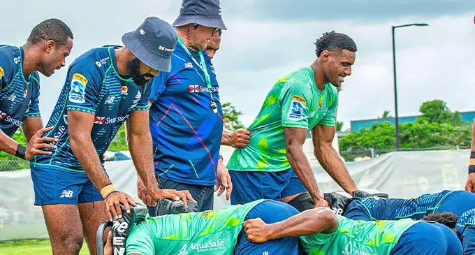 Swire Shipping Fijian Drua lforwards coach Chris Gibbes (third from left) works on the scrum with locks Sailosi Vukalokalo (first from left), Etonia Waqa and Mesake Vocevoce (right) during the team’s training session in Nadi on February 20, 2025. Photo: Fijian Drua