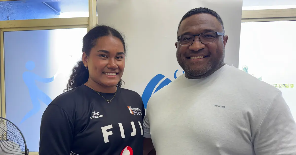 Zara Suka (left) and her father at the Fiji Olympic House on October 13, 2026. 