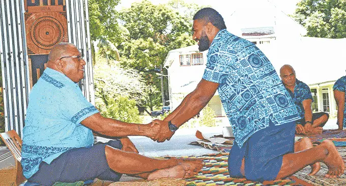Fiji Airways Fijian 7s forward Paula Nayacakalou meets the President Ratu Wiliame Katonivere during the i-tatau at The State House in Suva on October 28, 2022. Photo: DEPTFO News