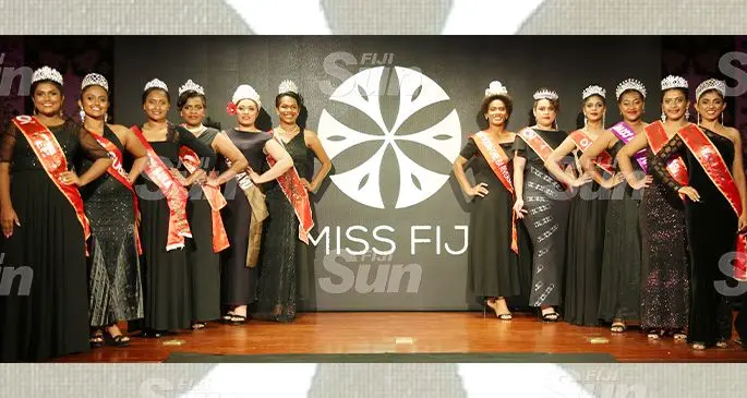 From Left: Miss Sigatoka Coral Coast 2019 Natasha Saiyad, Miss Sugar 2019 Krystal Kapoor, Miss Bula 2018 Kristiana Uluwai, Miss Sigatoka Coral Coast 2018 Cema Bolawaqatabu,Miss Savusavu 2018 Alisi Rabune, Miss Friendly North 2019 Alitia Kautoga, Miss Vodafone Ba Riverside 2019 Elena Totovosau, Miss Millenium Sinu Festival 2019 Irineta Mackinlay, Miss Tebara 2018 Natasha Lal, Miss Bula 2019 Alini Korovulavula, Miss Tebara 2019 Sheron Prasad, Miss Rakiraki 2018 Azera Narayn in front of the Miss Fiji pageant new logo at Suva Civic Centre on October 11, 2019. Photo: Kelera Sovasiga