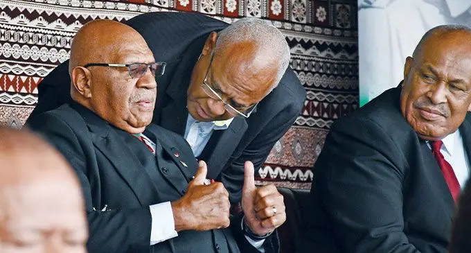 Prime Minister Sitiveni Rabuka gives a thumbs up to Great Council of Chiefs chair Ratu Viliame Seruvakula as Minister for iTaukei Affairs Ifereimi Vasu looks on during the Ratu Sukuna Day celebrations at Albert Park in Suva on May 31, 2024. Photo: Ronald Kumar