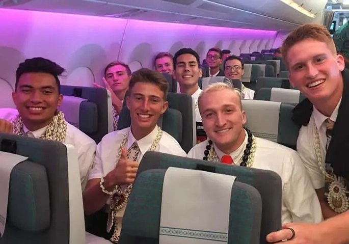 Missionairies of the Church of Jesus Christ Latter-Day Saints on board the private chartered Fiji Airways A350 to Salt Lake City from Nadi April 4, 2020. Photo: Jeff-Judy Brock, Facebook.
