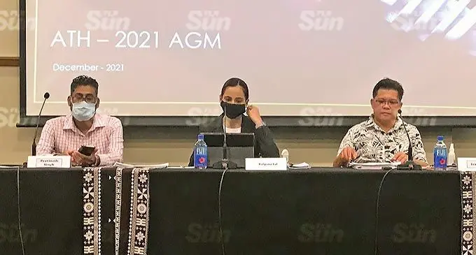 Amalgamated Telecom Holdings Limited (ATH) held its annual general meeting at the Grand Pacific Hotel, in Suva, on December 22, 2021. From left: Board member and Fiji National Provident Fund chief financial officer Pravinesh Singh with ATH board chairperson, Kalpana Lal, and chief executive officer, Ivan Fong. Photo: Frederica Elbourne
