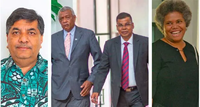 Charan Jeath Singh.  NFP Opposition members Pio Tikoduadua Biman Prasad and NFP Opposition member Lenora Qereqeretabua.  Photo: Ronald Kumar