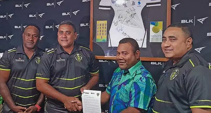 From left: Ba Rugby Union director of rugby Vilimoni Delasau, Gaby Kautoga, BLK Fiji general manager Asesela Serau and sales manager Donasiano Kalou. Photo: Waisea Nasokia
