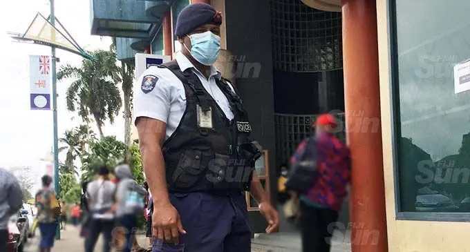 Police constable Timoci Seviua patrolling the streets of Suva on August 31, 2021. Photo: Laiseana Nasiga