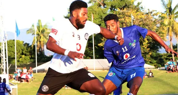 Suva’s Iosefo Verevou (left) in action against Lautoka’s Zainal Ali during the Vodafone Fiji FACT at Churchill Park, Lautoka on May 5, 2019. Photo: Fiji FA Media