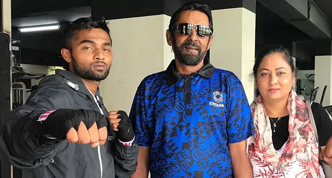 Super featherweight boxer Rahul Asron Kumar (left) with promoter Hasmat Ali in Nadi on March 7, 2020.  Photo: Waisea Nasokia