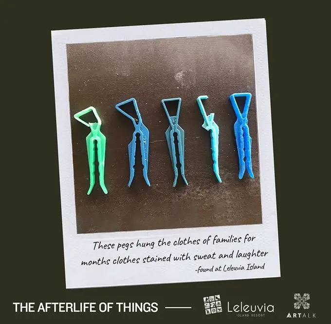 Used pegs found on Lelevia Island displayed as art.