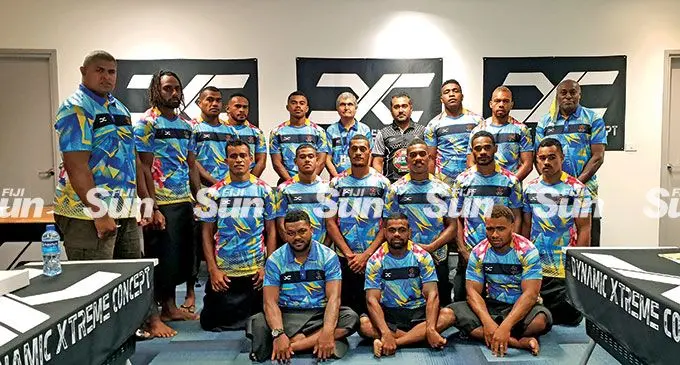 DXC Raiwasa Taveuni men’s rugby 7s team with Dynamic Xtreme Concept officials after the sponsorship launch in Lautoka on March 2, 2022 Photo: Nicolette Chambers