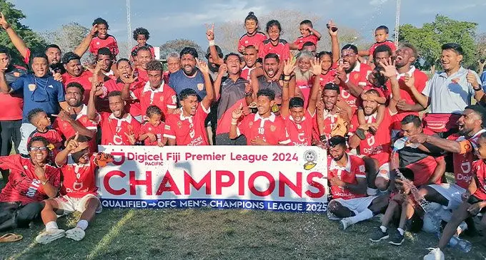 Extra Supermarket Rewa football team celebrates after winning the Digicel Fiji Premier League title at Prince Charles Park in Nadi on September 21, 2024. Photo: Mereleki Nai