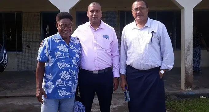 Minister for Lands Ashneel Sudhakar (middle) outside the Nasomo Community Hall.  Photo: DEPTFO News