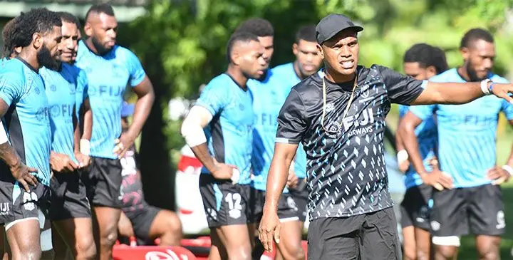 Fiji men’s rugby sevens head coach Osea Kolinisau instructs his players during training at the USP ground in Suva on March 4, 2025. Photo: Ronald Kumar.