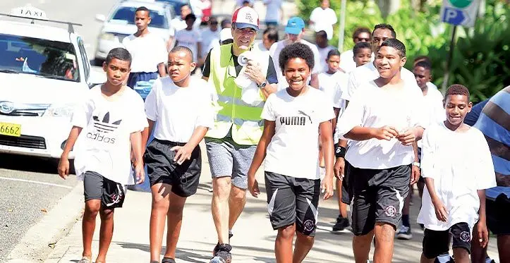 France Ambassador to Fiji, Francois-Xavier Leger with student participants during the 2024 Relay Race ‘Relais Autour Du Monde Terre De Jeux’ in Suva on March 14, 2023. Photo: Ronald Kumar