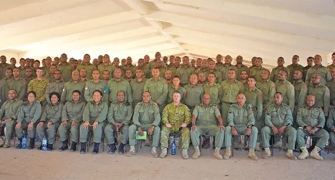 Republic of Fiji Military Forces troops with New Zealand Defence Force troops on pre-depolyment training for Peacekeeping duties. Photo: Mereleki Nai FIJI SUN | TUESDAY, JULY 2, 2019 | FIJISUN.COM.FJ 20 NATION NZ High Commissioner to Fiji Jonathan Curr delivering the training opening address at the Black Rock Camp in Nadi on July