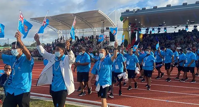 Team Fiji athletes and officials during the Pacific Mini Games opening ceremony at Oleai Sports Complex in Saipan on June 17, 2022. Photos: FASANOC