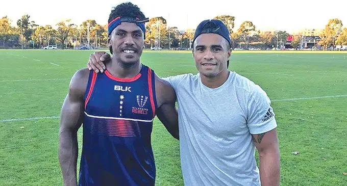 Swire Shipping Fijian Drua half-back Frank Lomani with former Australian Wallaby legend Will Genia after a training session back in 2020 with the Melbourne Rebels . Photo: Geoff Webster (Twitter).