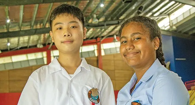 Yat Sen Primary School head girl Petra Fong and head boy Royal Zhan on April 25, 2022. Photo: Leon Lord 
