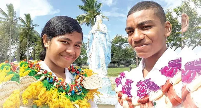 St. Marcellin Primary School head girl Losalini Bola and head boy Philemon Vesikuru following their prefects induction ceremony on May 6, 2022. Photo: Ronald Kumar