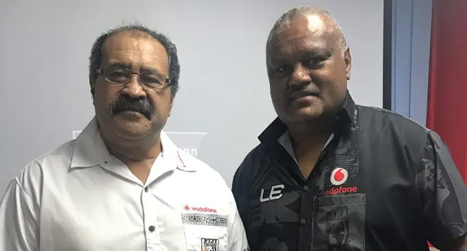 From left: Cook Islands Rugby League president and Asia Pacific Rugby League board member Charles Carlson with former FNRL general manager Tomi Finau at the Fiji SUN office, Suva on May 3,2019. Photo: Anasilini Natoga