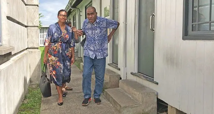 Isikeli Komaisavai with SODELPA Nasinu Constituency president and Parliamentarian, Lynda Tabuya, outside the Magistrates Court in Suva on April 8, 2021. Photo: Ashna Kumar