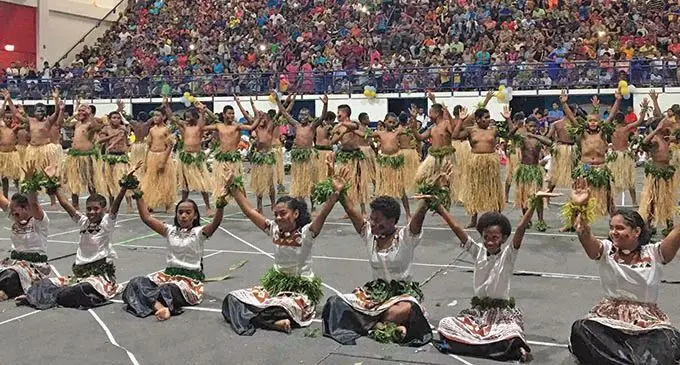Students of Veiuto Primary School perform a Fijian dance item on November 20, 2019, during the school’s dance display at the FMF National Gymnasium in Suva.  