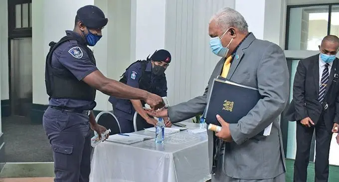 MASK UP AND SANITISE...Prime Minister Voreqe Bainimarama outside Parliament on June 2, 2021. Photo: Parliament News