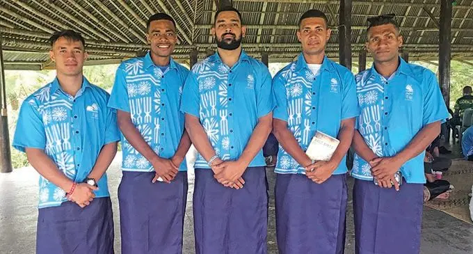 Team Fiji Taekwondo players from left: Kitione Mua, Apisai Baleloa, Pranit Kumar, Josefa Otterberch and Sakiusa Tuva in Apia, Samoa on July 14, 2019. Photo: Anasilini Natoga