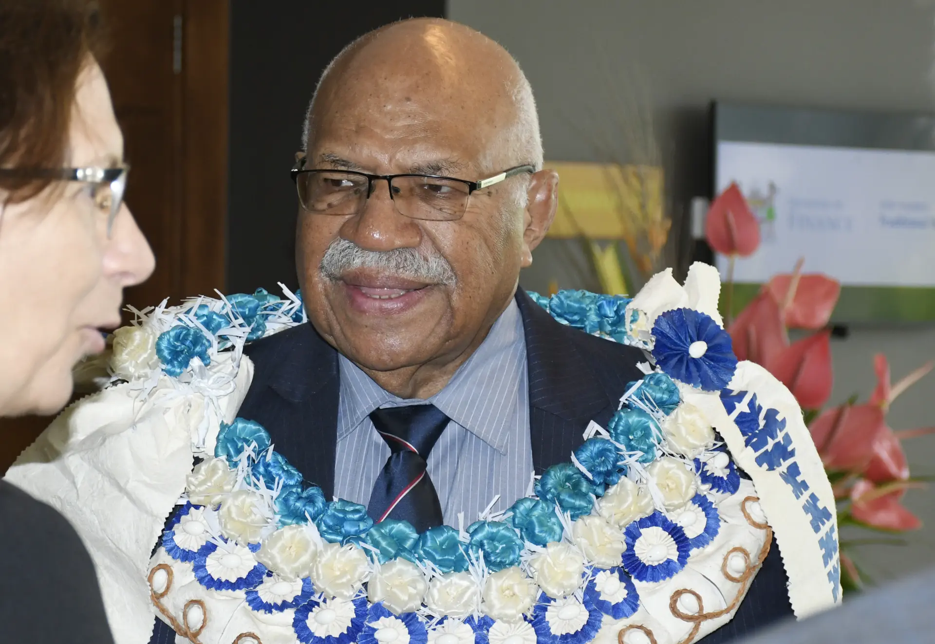 Prime Minister Sitiveni Rabuka with Asian Infrastructure Investment Bank President Zou Jiayi following her traditional welcome at the Grand Pacific Hotel in Suva on July 27, 2026.