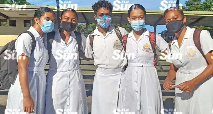 (From left): Athelwin Williams, Mere Catanasiga, Ulaiyasi Natawake, Fiona Mikalele and Mere Kebakula at the Nadi Town bus stand on November 1, 2021. Photo: Mereleki Nai