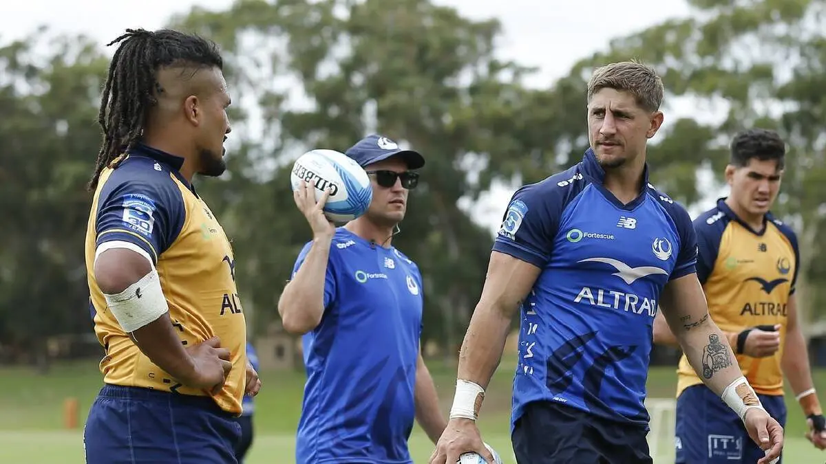 Former NRL star Zac Lomax (third from left) with Western Force team-mates.