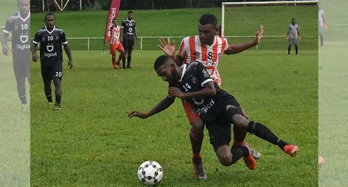 Labasa’s Ilaisa Vulimainavuso defends against Ba striker Shameel Rao at Prince Charles Park, Nadi, on April 3, 2022. Labasa won 5-2. Photo: Waisea Nasokia
