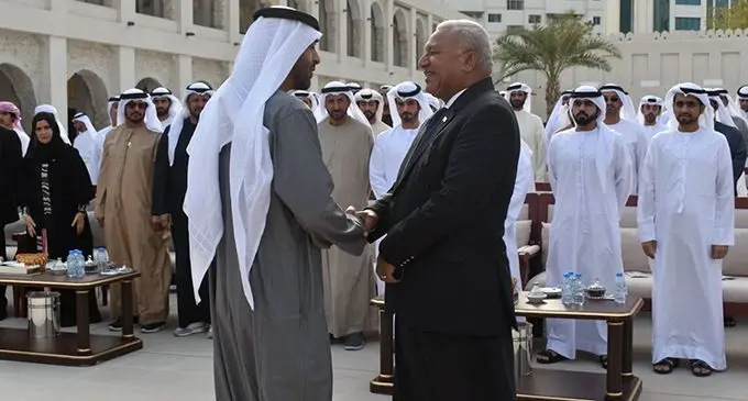 Prime Minister Voreqe Bainimarama with the Crown Prince of Abu Dhabi and Deputy Supreme Commander of the United Arab Emirates Armed Forces, Sheikh Mohammed bin Zayed Al Nahyan in Abu Dhabi, capital of UAE. Photo: Office of the Prime Minister
