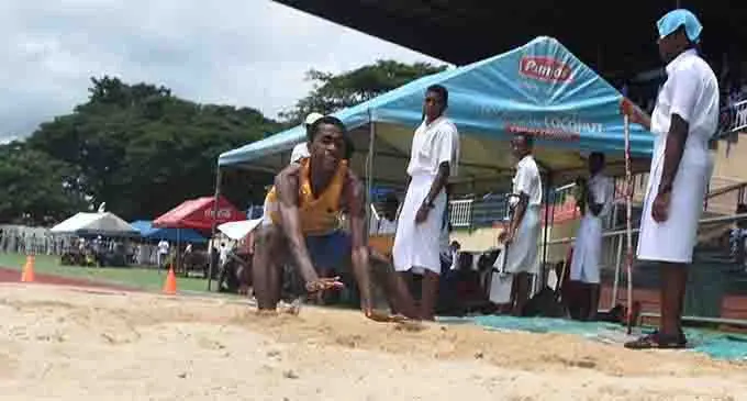 Josevata of Rasoi of Pluto leaps in the air during the Natabua High School Inter-house at Churchill Park in Lautoka yesterday. Photo: WAISEA NASOKIA