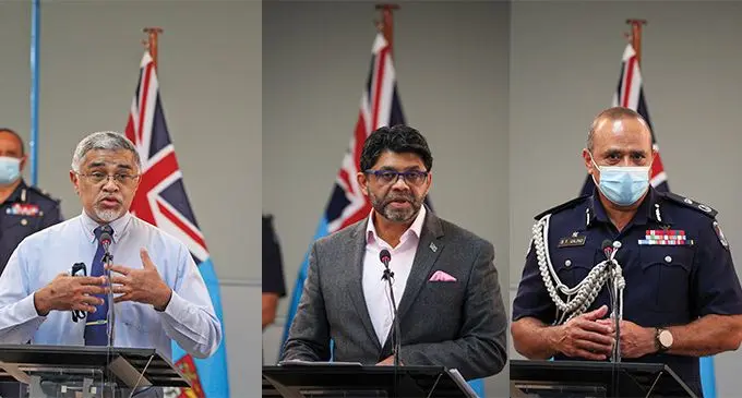 Acting Prime Minister and Attorney-General Aiyaz Sayed-Khaiyum (middle) flanked by Commissioner of Police Brigadier-General Sitiveni Qiliho (right) and Permanent Secretary for Health and Medical Services Dr James Fong during the announcement in Suva on February 6, 2022. Photo: Leon Lord