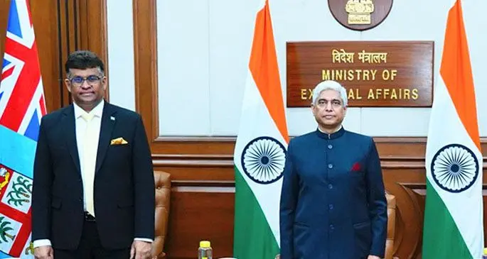 From left” Fiji’s High Commissioner to India Kamlesh Prakash with Secretary(West) at India’s Ministry of External Affairs, Shri Vikas Swarup during the virtual presentation of credentials to the President of the Republic of India, Shri Ram Nath Kovind on Thursday