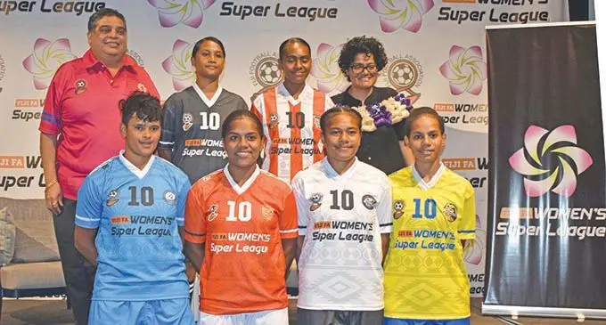 Back, from left:  Fiji Football Association president, Rajesh Patel, Melina Valentine, Ana Doughty, UN Women Fiji Multi Country Offices Communication and Media specialist Shazia Usman. Front: Imeri Nai, Alitia Draguta, Agnes Dakuitoga, Ledua Senisea during the launch of the Women’s Super Six League at the Sofitel Fiji Resort and Spa on Denarau in Nadi on February 13, 2021.  Photo: Mereleki Nai