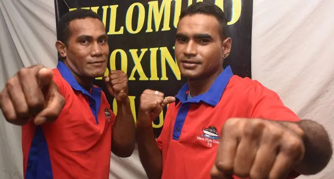 Unbeaten welterweight boxer Siliveni Nawai (left) with Ronald Naidu at the Mulomulo Boxing Club in Nadi on February 21, 2018. Nawai has accepted Sebastian Singh’s open challenge. Photo: Waisea Nasokia