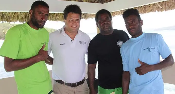 Luke Vakatale, 29,Turtle Island Resort chief executive Richard Evanson, Viliame Uqeuqe, 47, and Maikeli Sivo, 34, at the resort on November 15, 2019. Photo: Bale Saukuru 