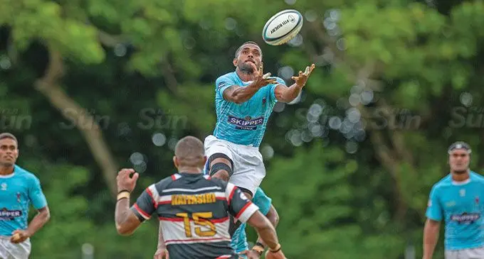 Suva halfback Terio Tamani goes for the high ball against Naitasiri during the Skipper Cup clash at Bidesi Park, Suva, on April 20. 2024. Photo: Leon Lord