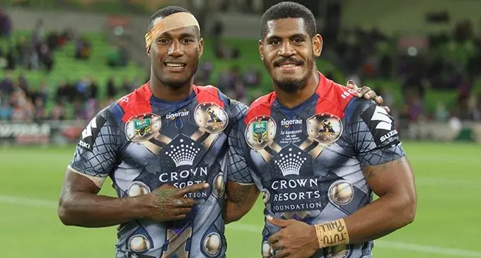 Vodafone Fijian Bati and Melbourne Storm players Suliasi Vunivalu (left) and Tui Kamikamica. They are two of the many top rugby league players that played in the Fiji Seconadry Schools Rugby League competition. Photo: Melbourne Storm