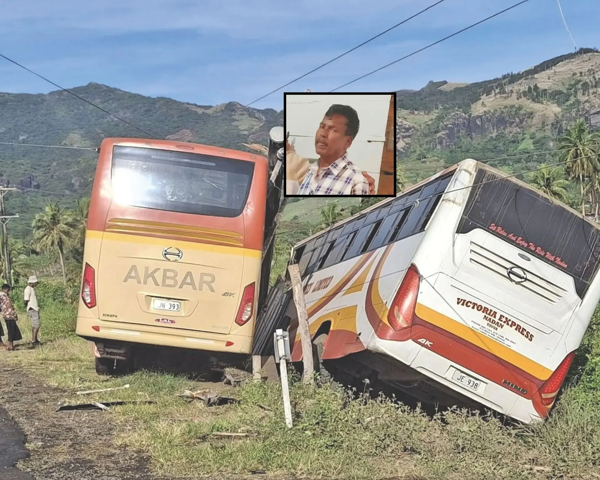 The bus accident at Nokonoko, Rakiraki, along the Kings Road on October 4, 2025. Inset: Bus driver Tulsi Ram.