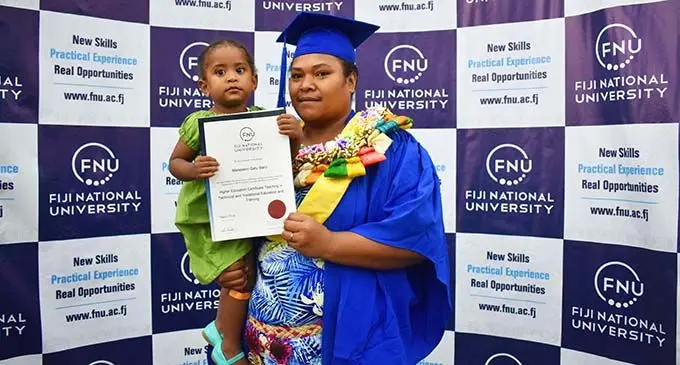 Mereseini Galu Baro with her daughter at FNU's Tamavua Campus after receiving her Certificate.