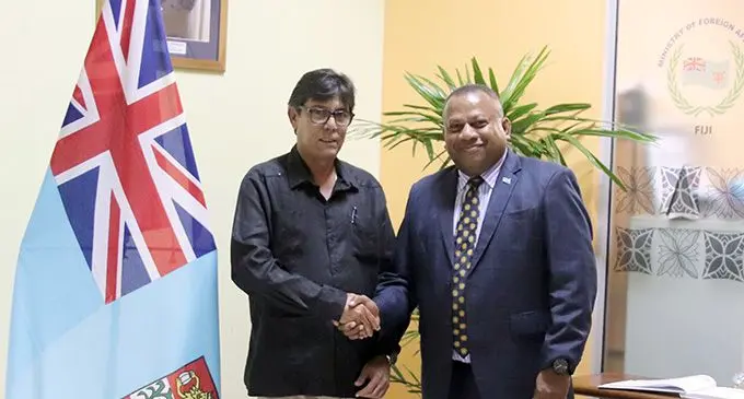 Cuba's Ambassador to Fiji Carlos Manuel Rojas during the courtesy call made to the Minister for Defence, National Security and Foreign Affairs Inia Seruiratu. 