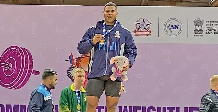 Fiji’s weightlifter Taniela Rainibogi shows his gold medal during the Commonwealth Weightlifting Championship at Gautam Buddha University in Greater Noida in India on July 16, 2023. Photo: Supplied